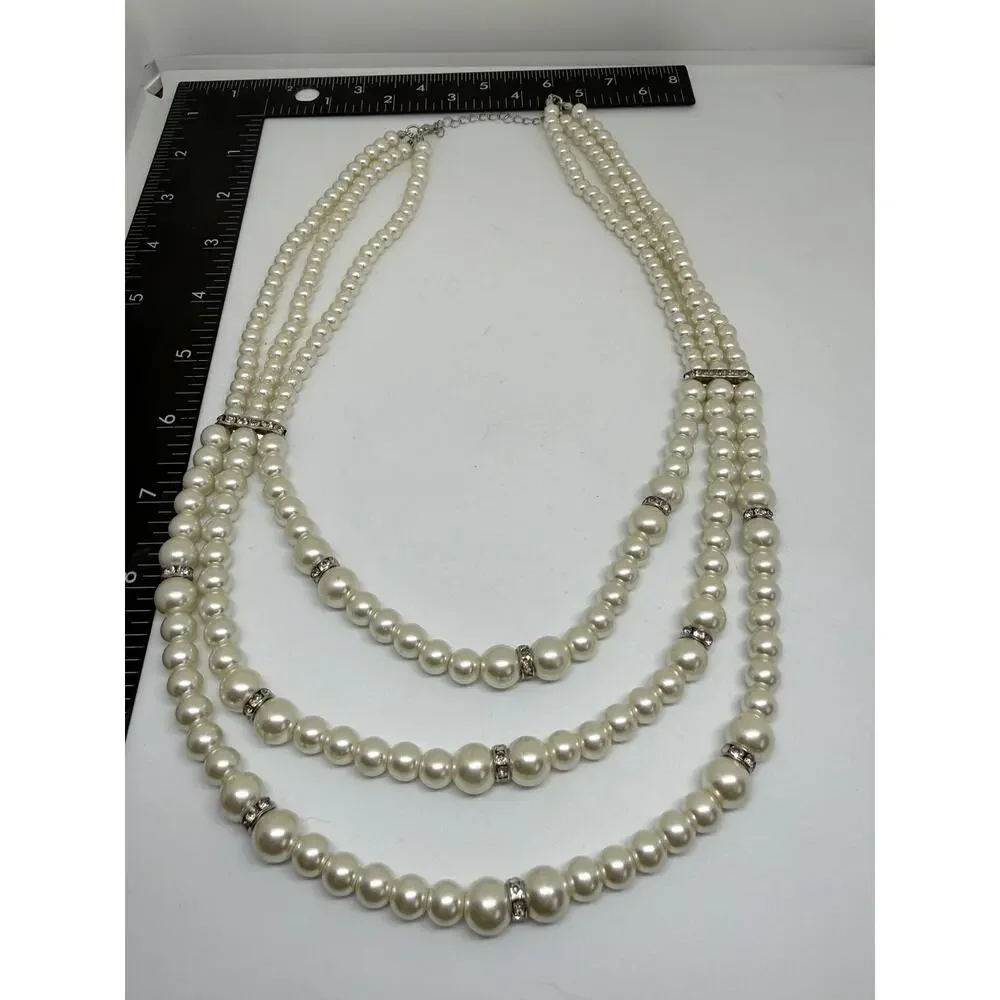 Triple Strand Faux Pearls Rhinestone Statement Necklace Layered Wedding Coquette